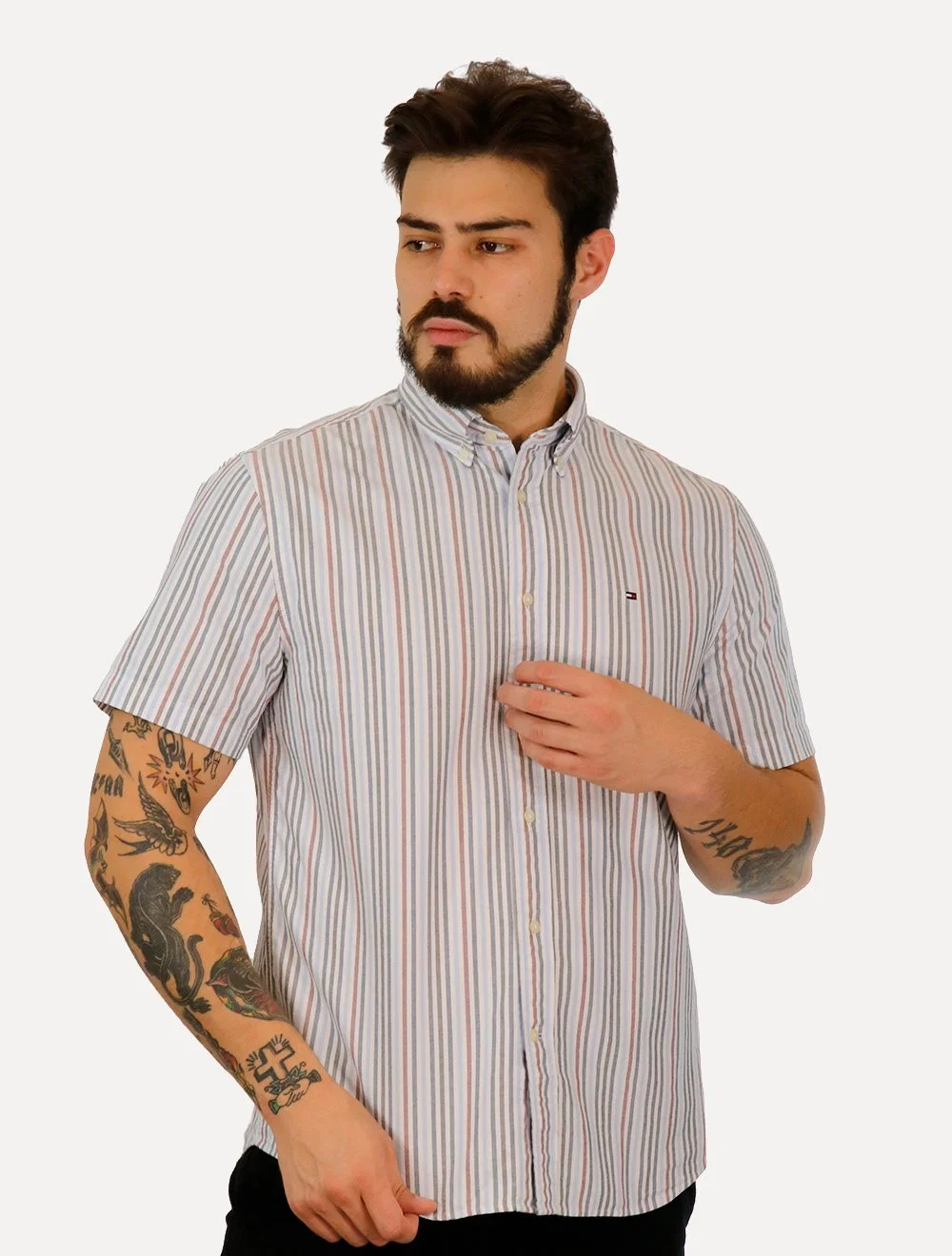 Camisa Tommy Hilfiger Masculina Manga Curta Regular Oxford Multi Stripes Cinza — imagem 1
