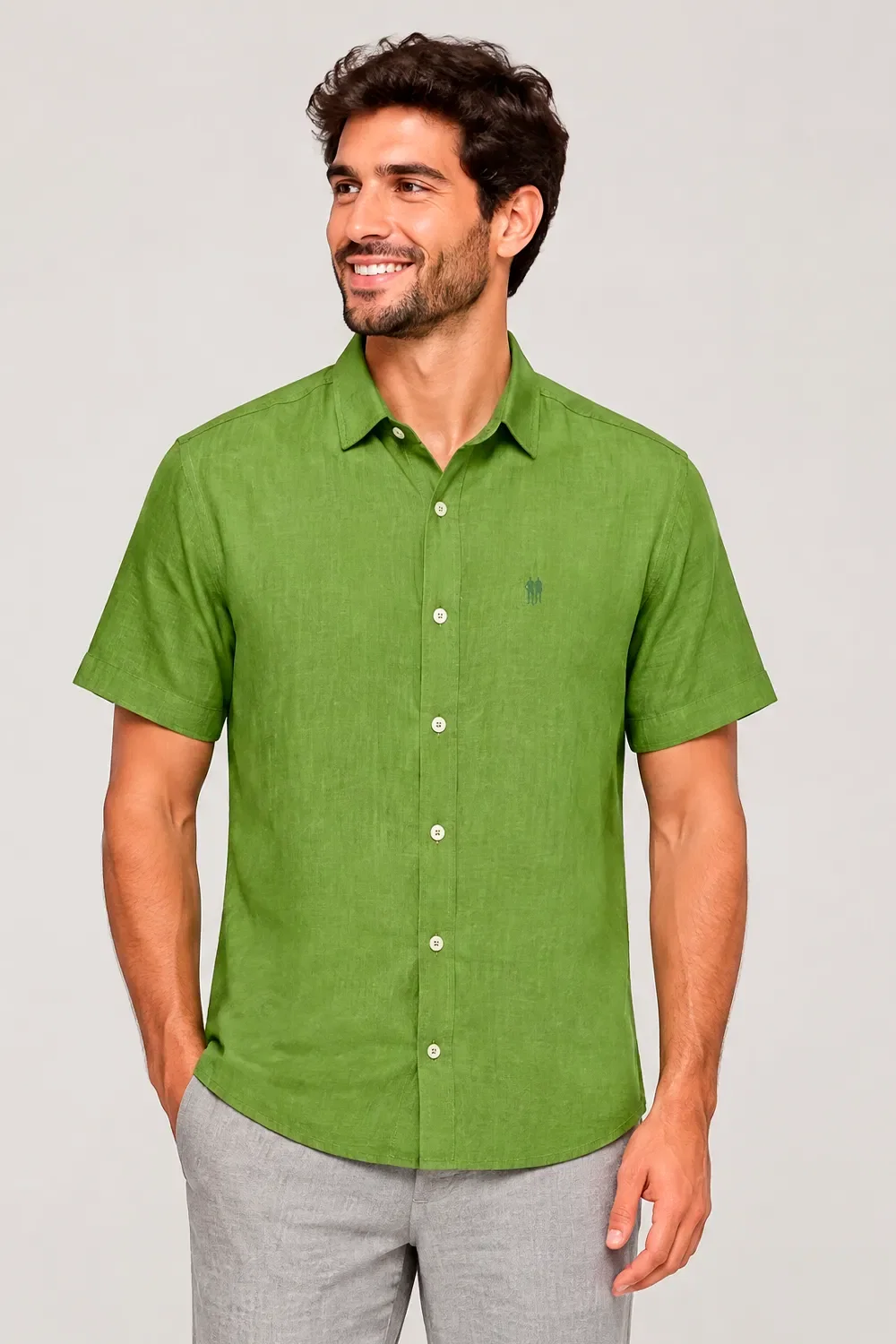 Camisa Masculina Viscolinho Manga Curta Polo Wear Verde Médio