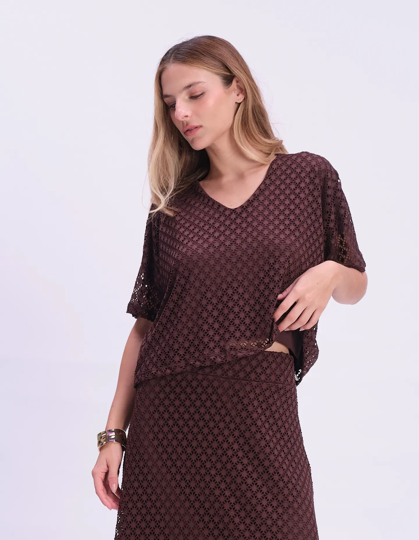 Blusa Renda Textura Geométrica - Marrom