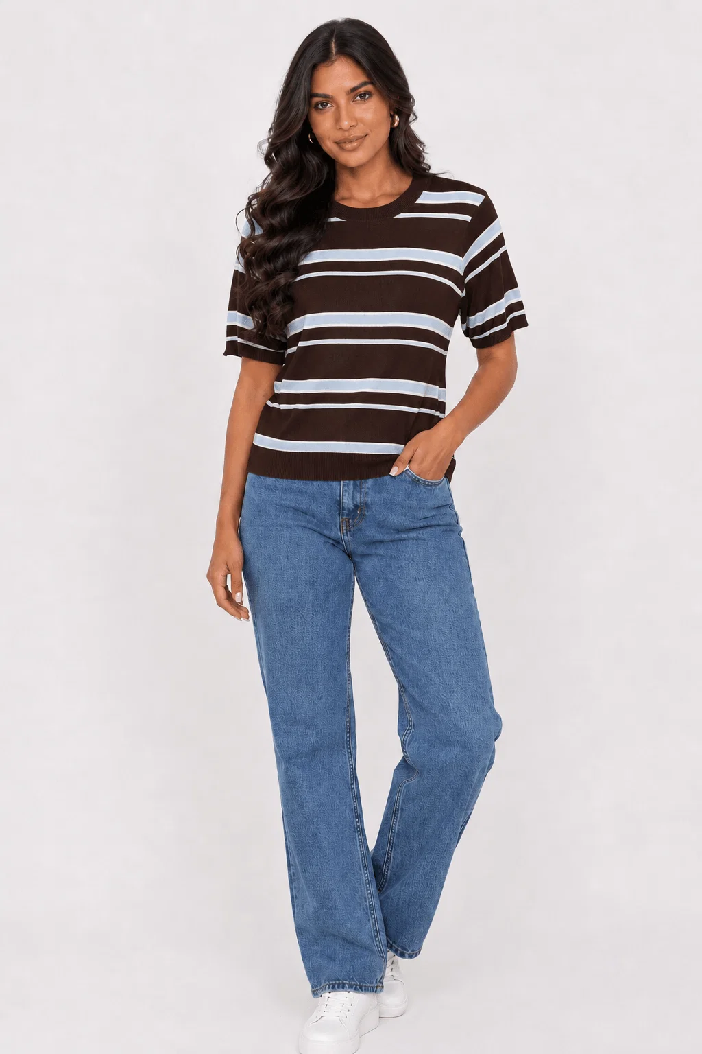 Blusa Tricot Decote Canoa Listrada - Marrom