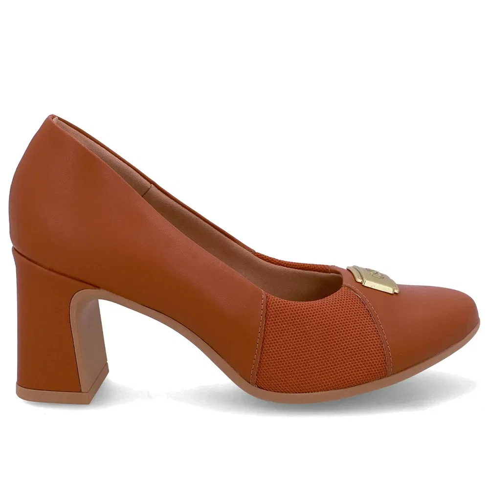 Scarpin Couro Marrom Lateral Tecido