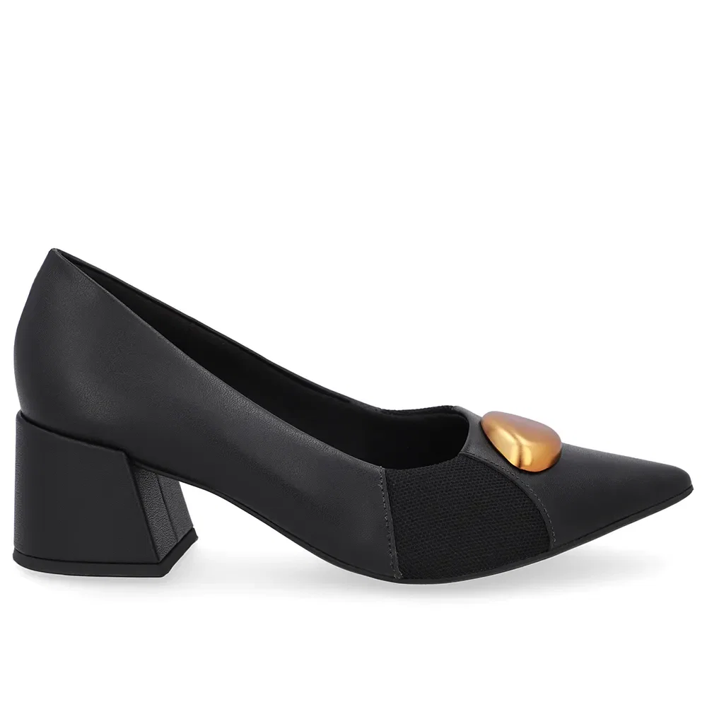 Scarpin Couro Preto Bico Fino Lateral Tecido — imagem 1