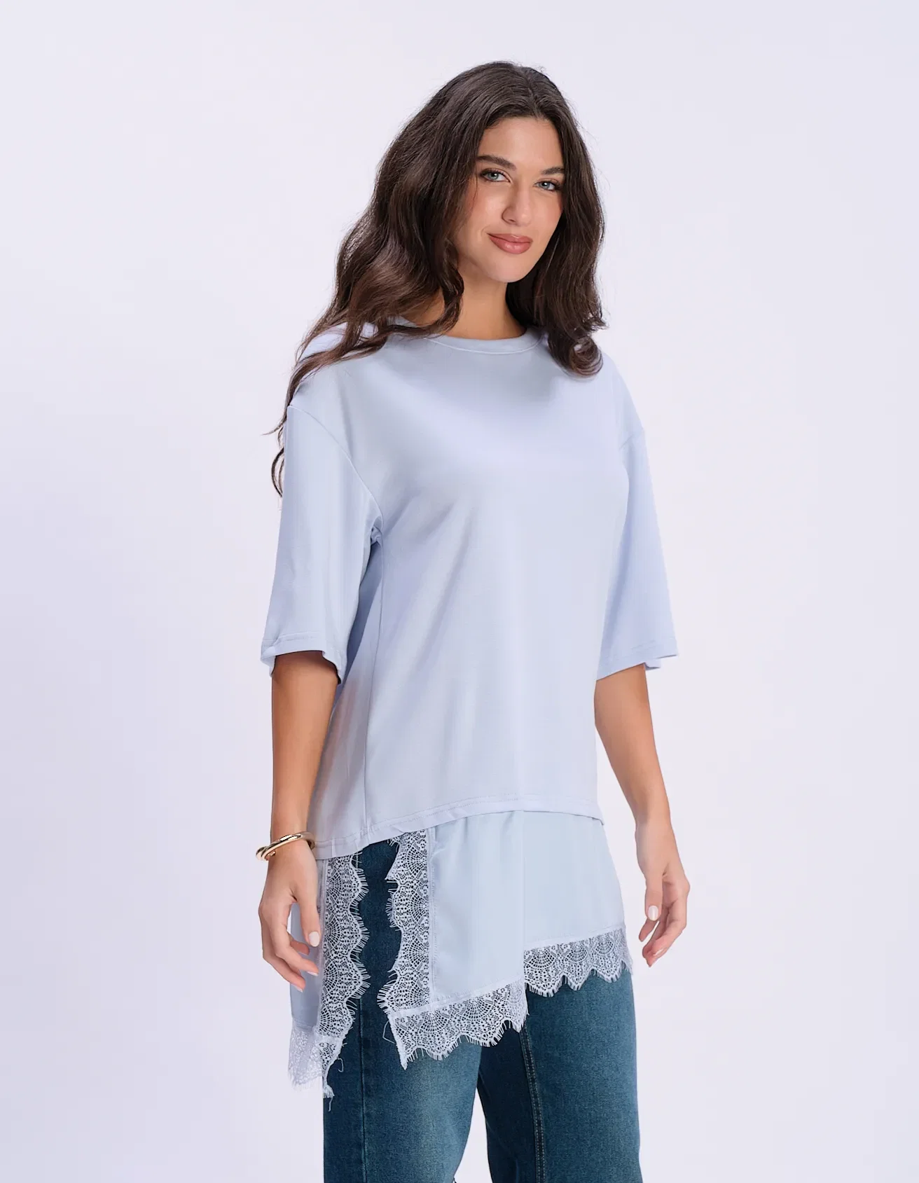 Blusa Assimétrica Detalhe Renda - Azul Claro