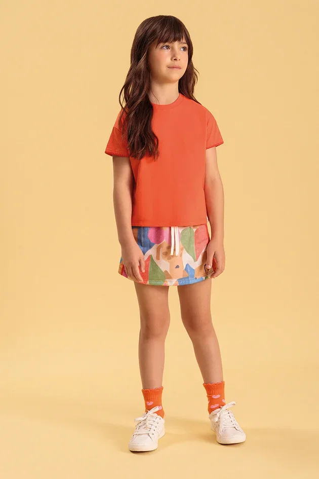 Conjunto Infantil Blusa Box em Algodão e Saia de Moletom com Shorts Embutido