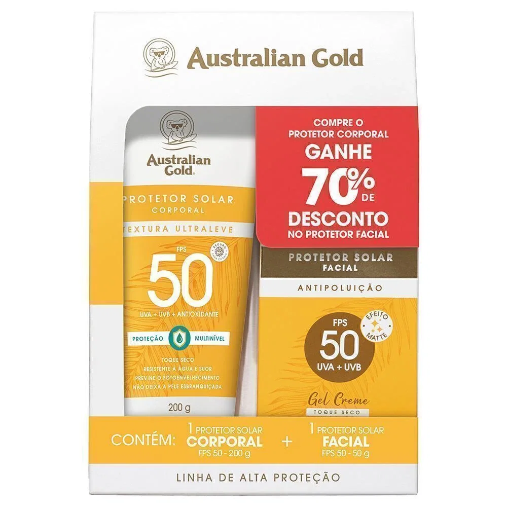 Kit Australian Gold Protetor Solar Corporal FPS 50 200g + Protetor Solar Facial FPS 50 50g