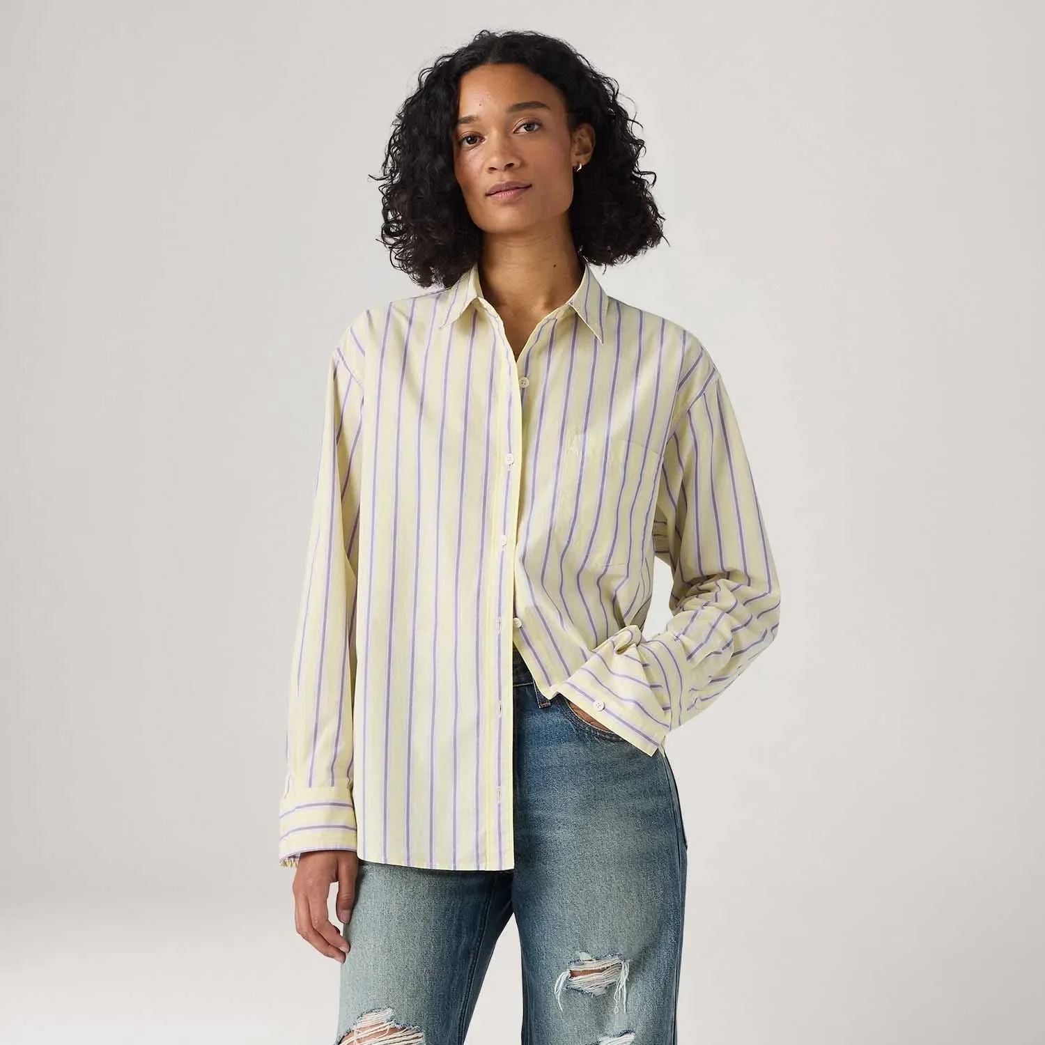 Camisa Levi's® Harlie Boyfriend Listrada Amarelo Claro Manga Longa — imagem 1