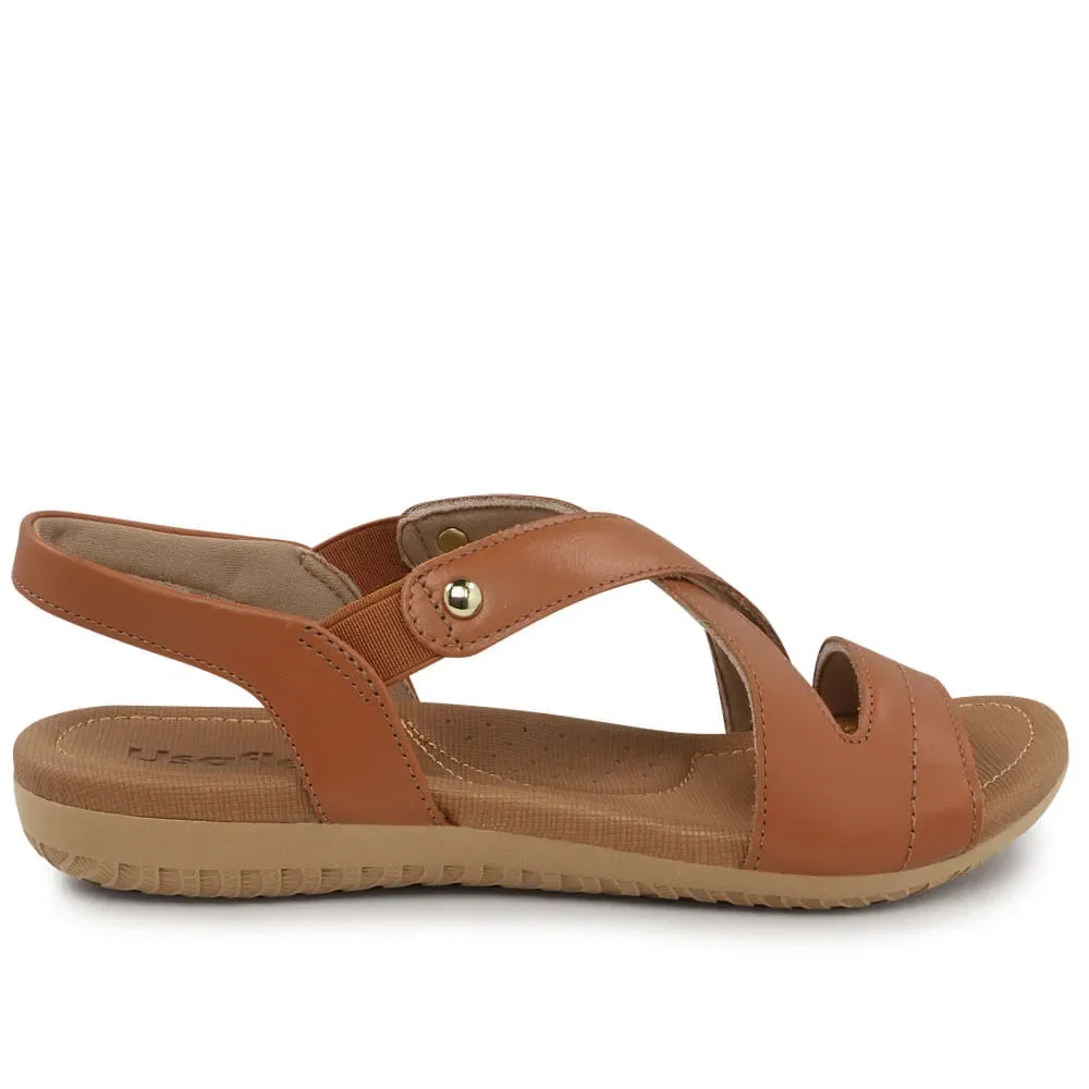 Sandália Rasteira Couro Camel Elástico