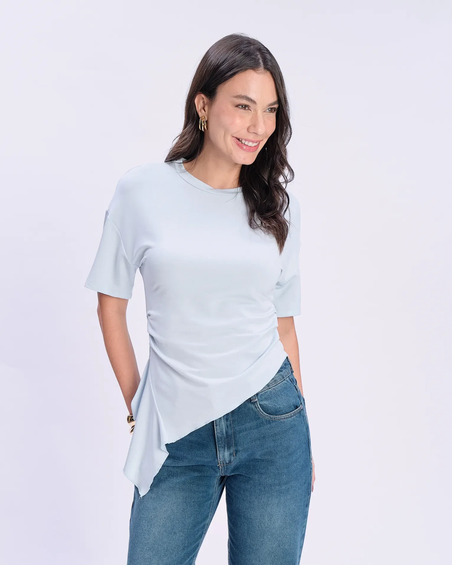 Blusa Manga Curta Assimétrica Pregas - Azul — imagem 1