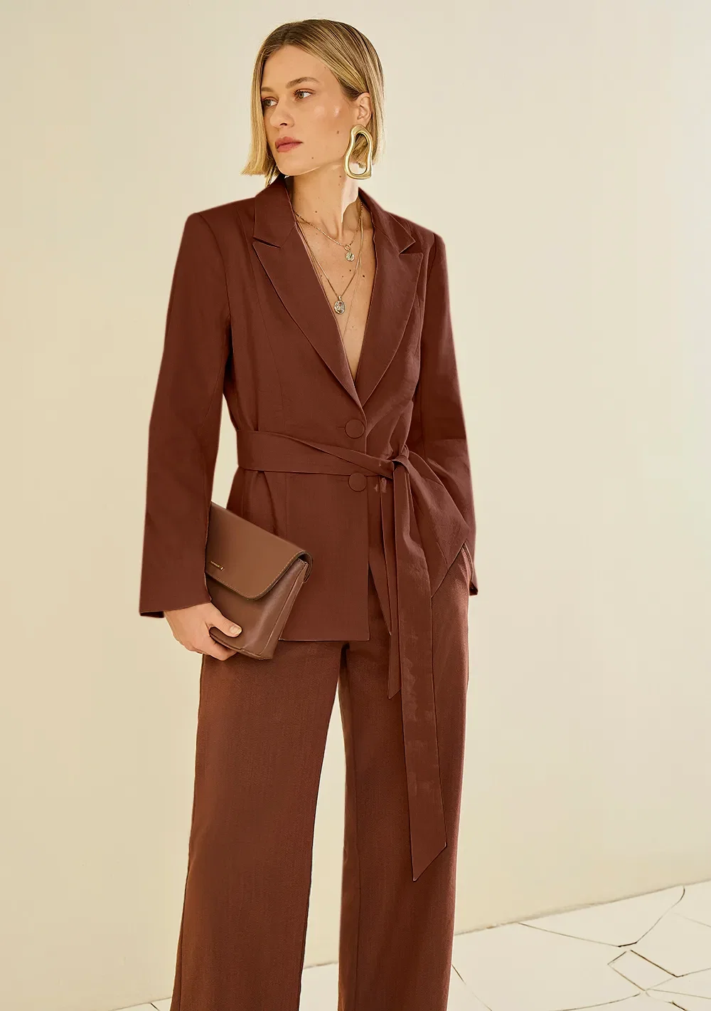 Blazer Morena Rosa Solto Manga Longa Padrão Marrom — imagem 1