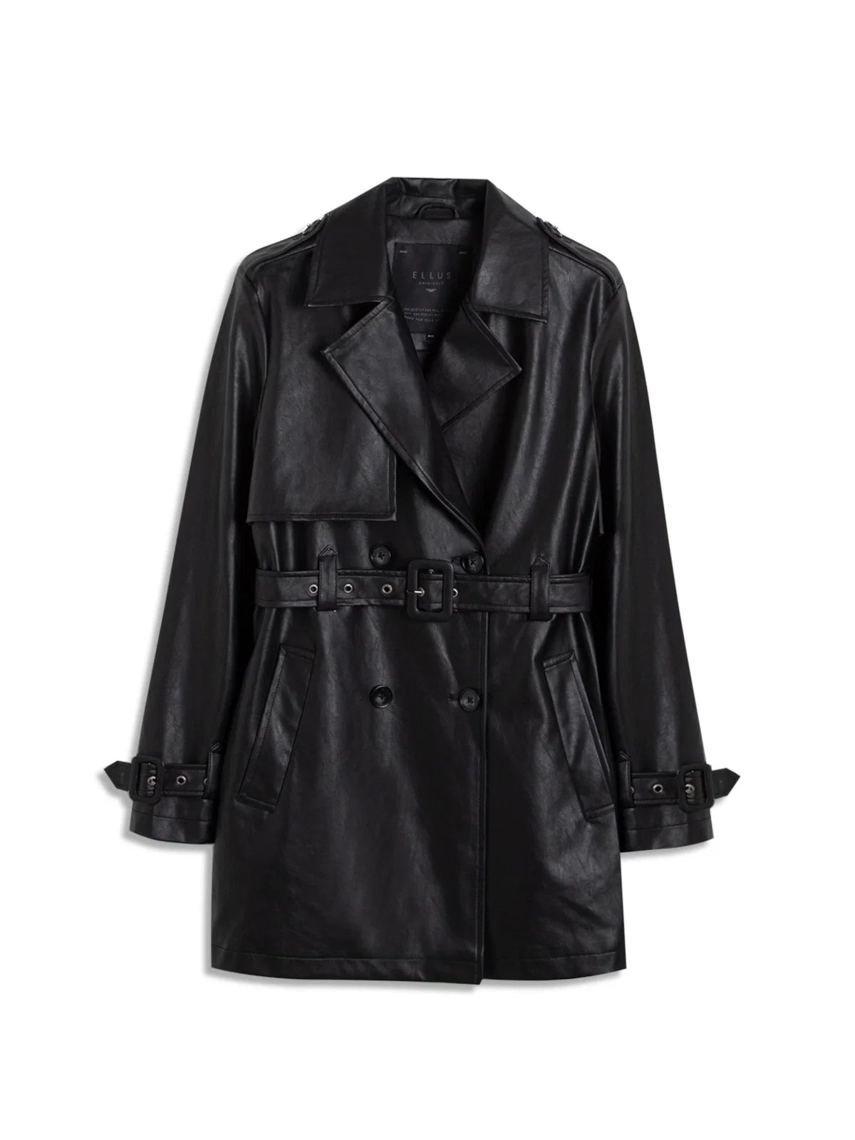 Sobretudo Vegan Leather Trench Coat Double Breaste Preto — imagem 1