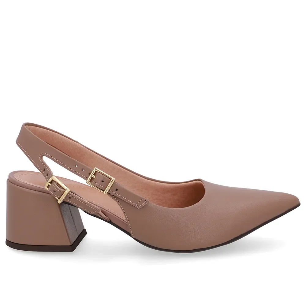 Slingback Marrom Salto Bloco Couro Tira Dupla Lateral — imagem 1