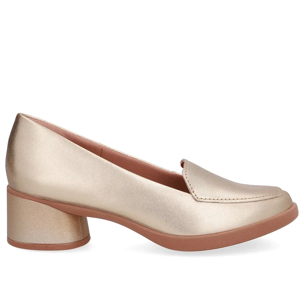 Loafer Liso Dourado Couro Salto Bloco — imagem 1