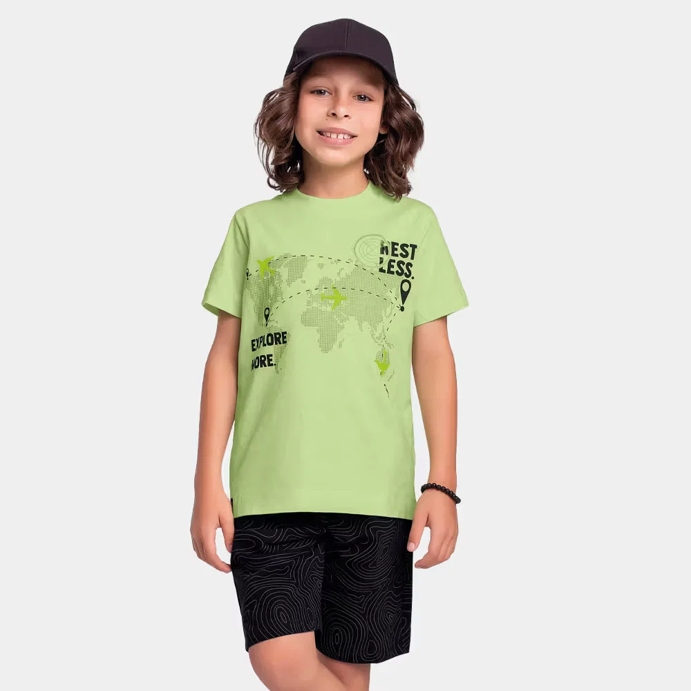Conjunto camiseta explore e bermuda em moletinho com bolso