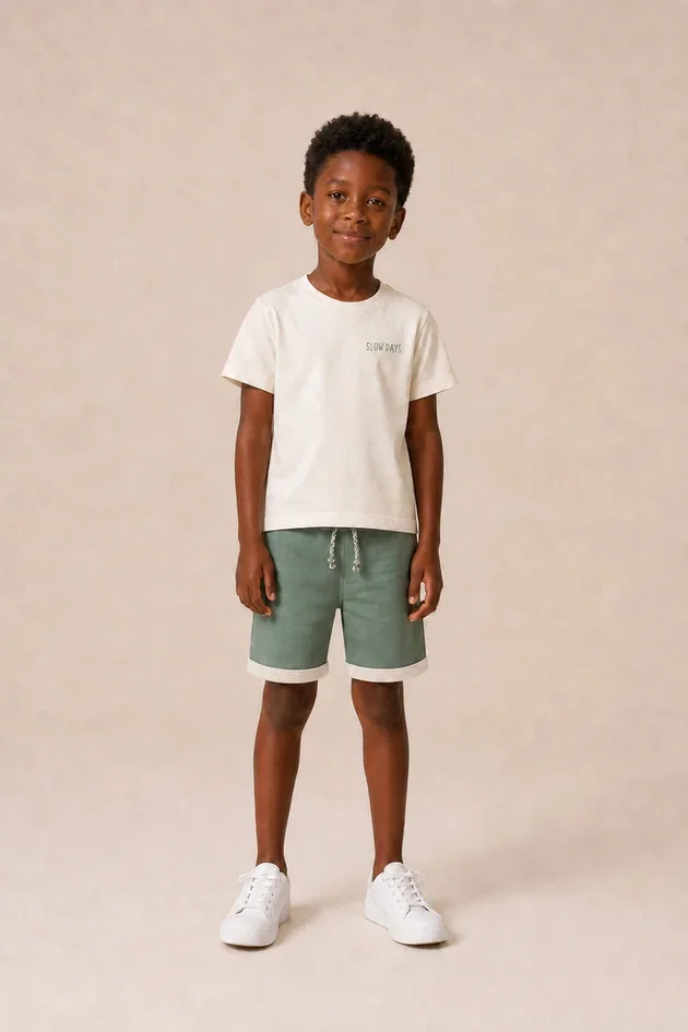 Conjunto Infantil Menino Camiseta em Malha e Bermuda em Moletom
