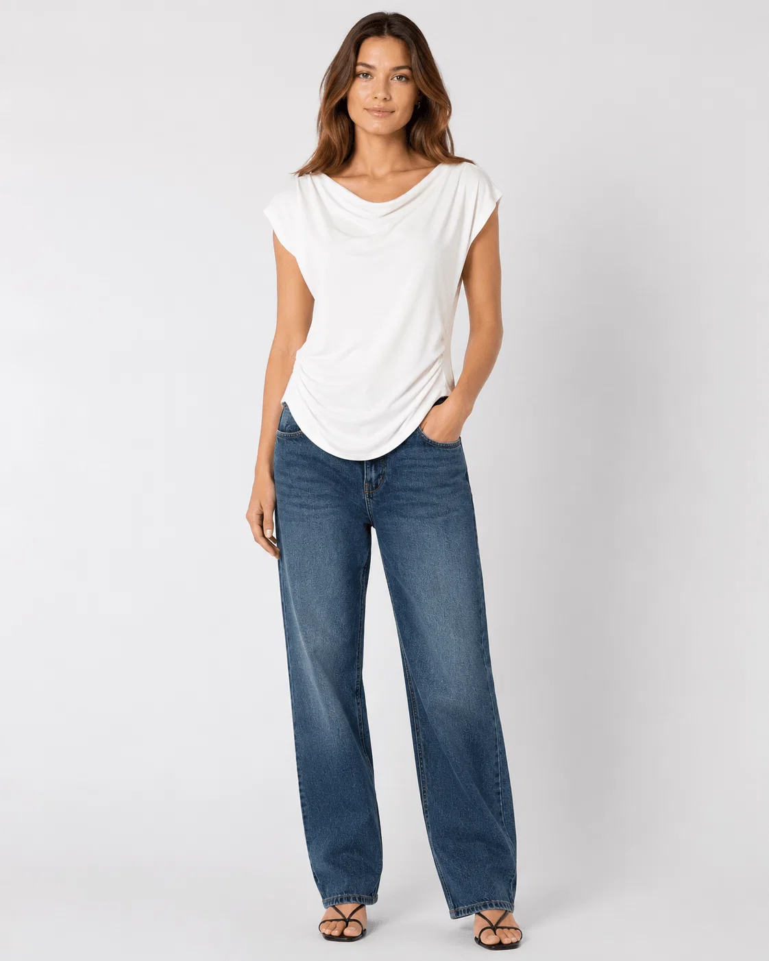 Blusa Manga Curta Decote Drapeado - Branco