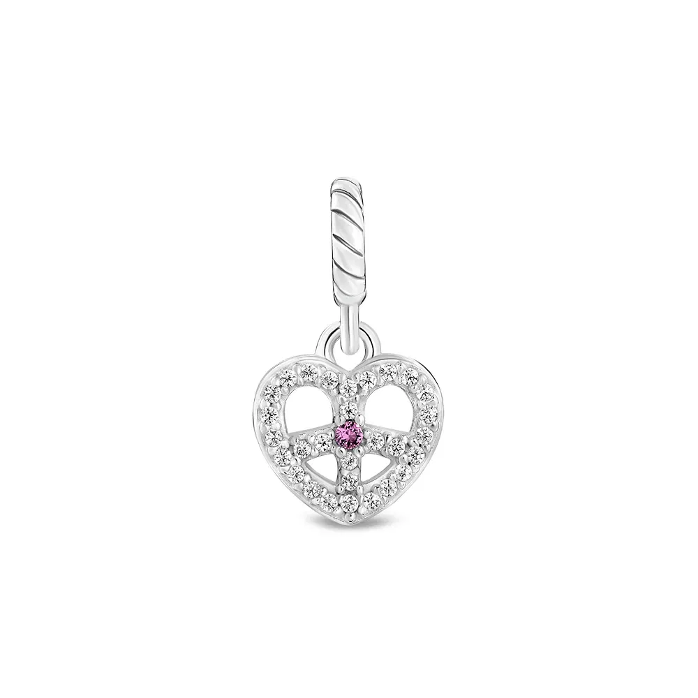 Pingente Life Patuás Coração Paz e Amor em Prata 925 com Pedra Rosa e Incolores — imagem 1