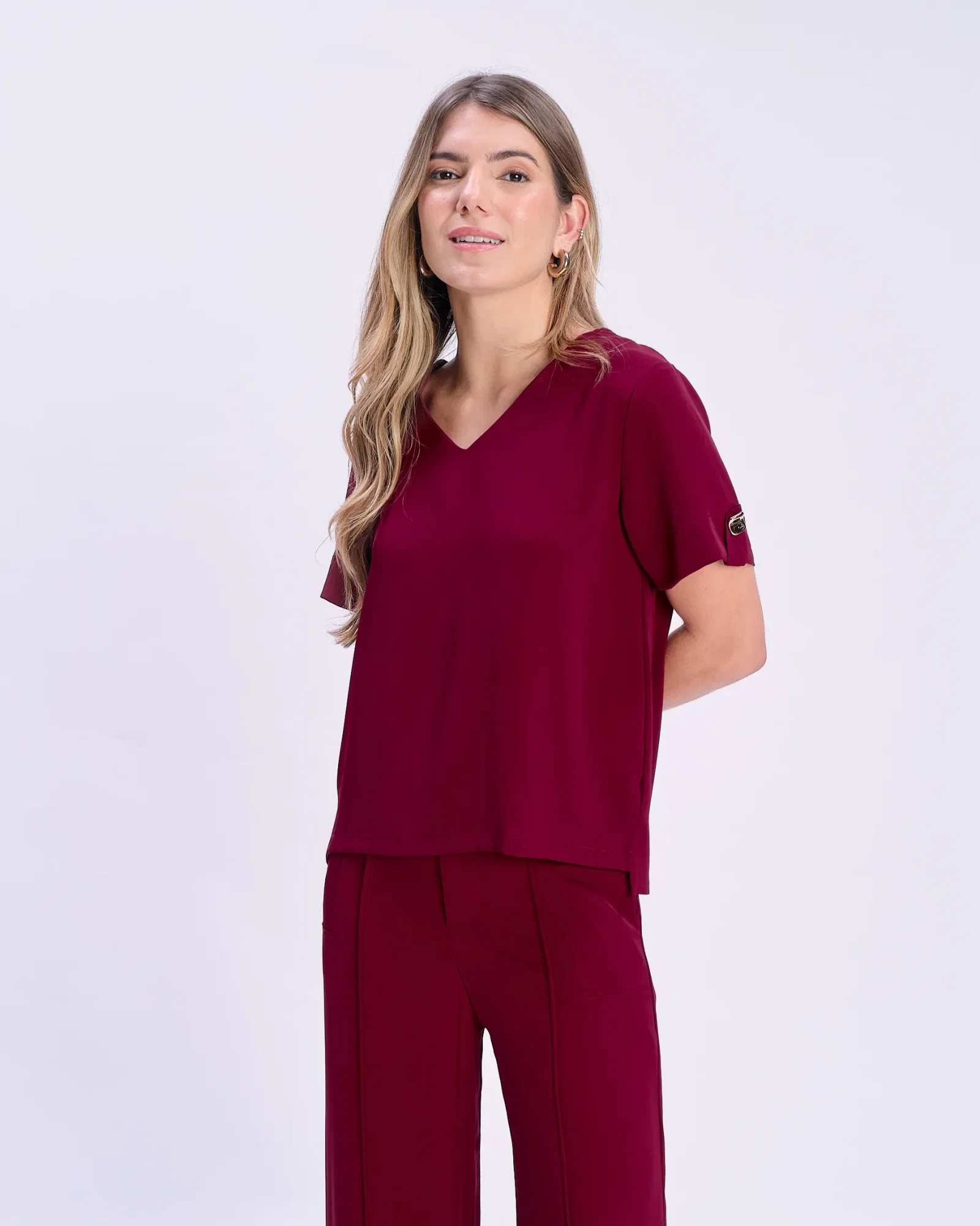Blusa Decote v Botão Orgânico - Vinho — imagem 1