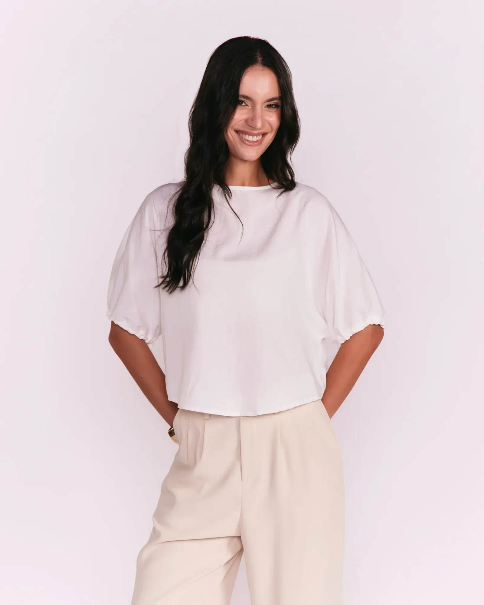 Blusa Ampla Viés Amarração Manga - Branco