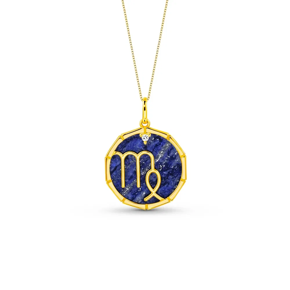 Pingente ZodíAço Virgem em Ouro Amarelo 18k com Lápis Lazuli e Safira Incolor, 17mm — imagem 1