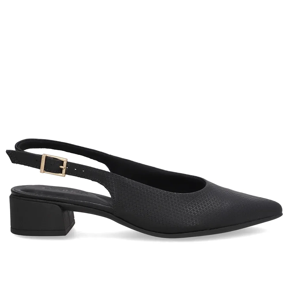 Slingback Preto Salto Bloco Couro Bico Fino — imagem 1
