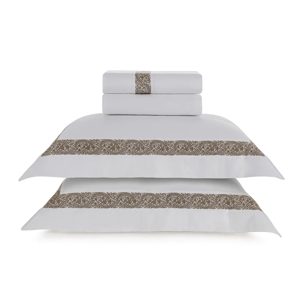Jogo de Cama Casal 300 Fios Rosaria Branco / Marrone
