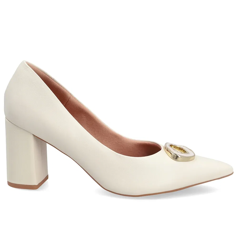 Scarpin Em Couro Branco Com Salto Bloco E Enfeite