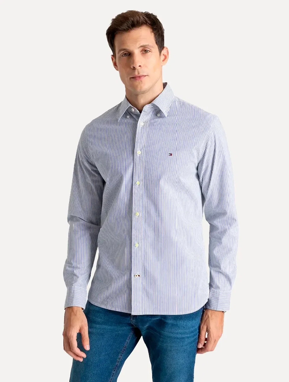 Camisa Tommy Hilfiger Masculina Regular Striped Poplin Azul Médio — imagem 1