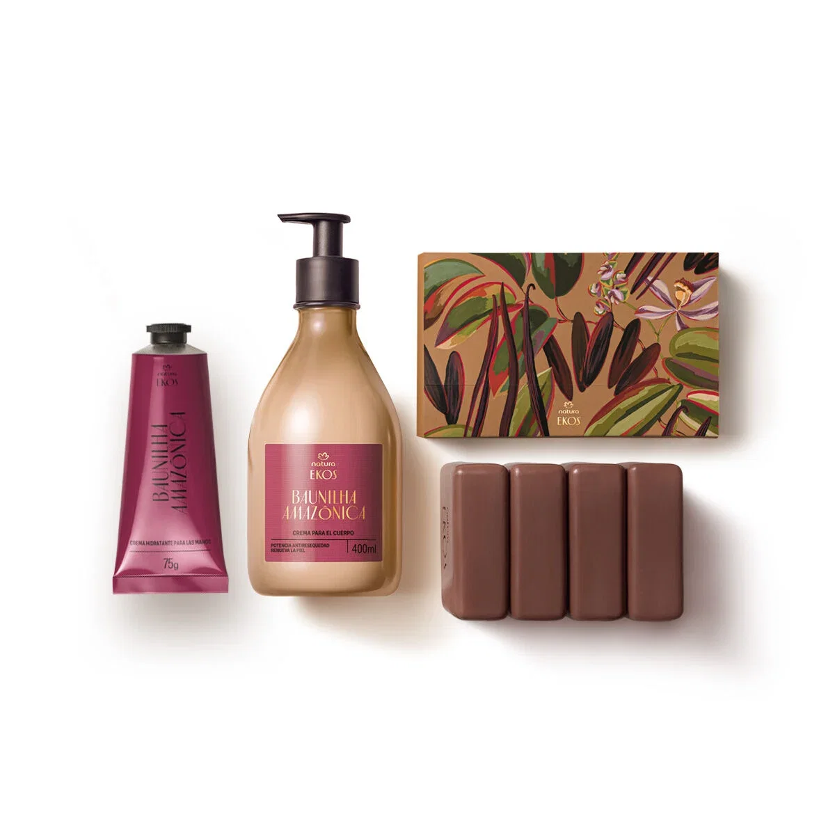 Kit Ekos Creme Hidratante Corporal, Creme Hidratante para as Mãos e Sabonete em Barra Baunilha Amazônica 3 produtos