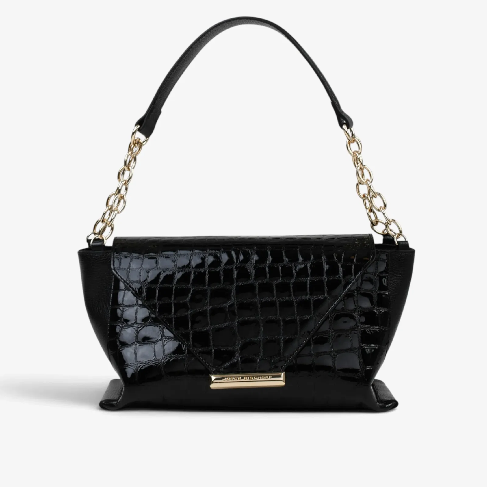 Bolsa De Ombro Preto Couro Croco