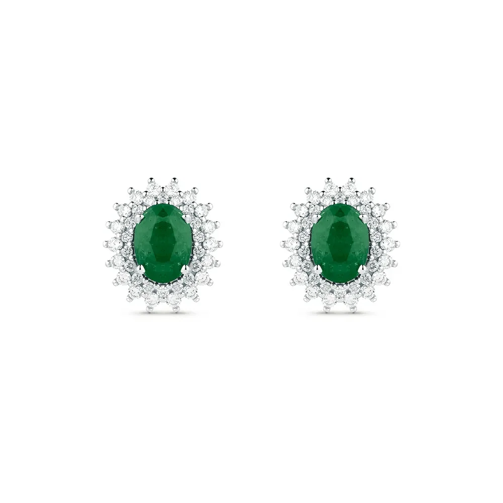 Brinco Clássico em Ouro Branco 18k com Esmeralda e Diamantes