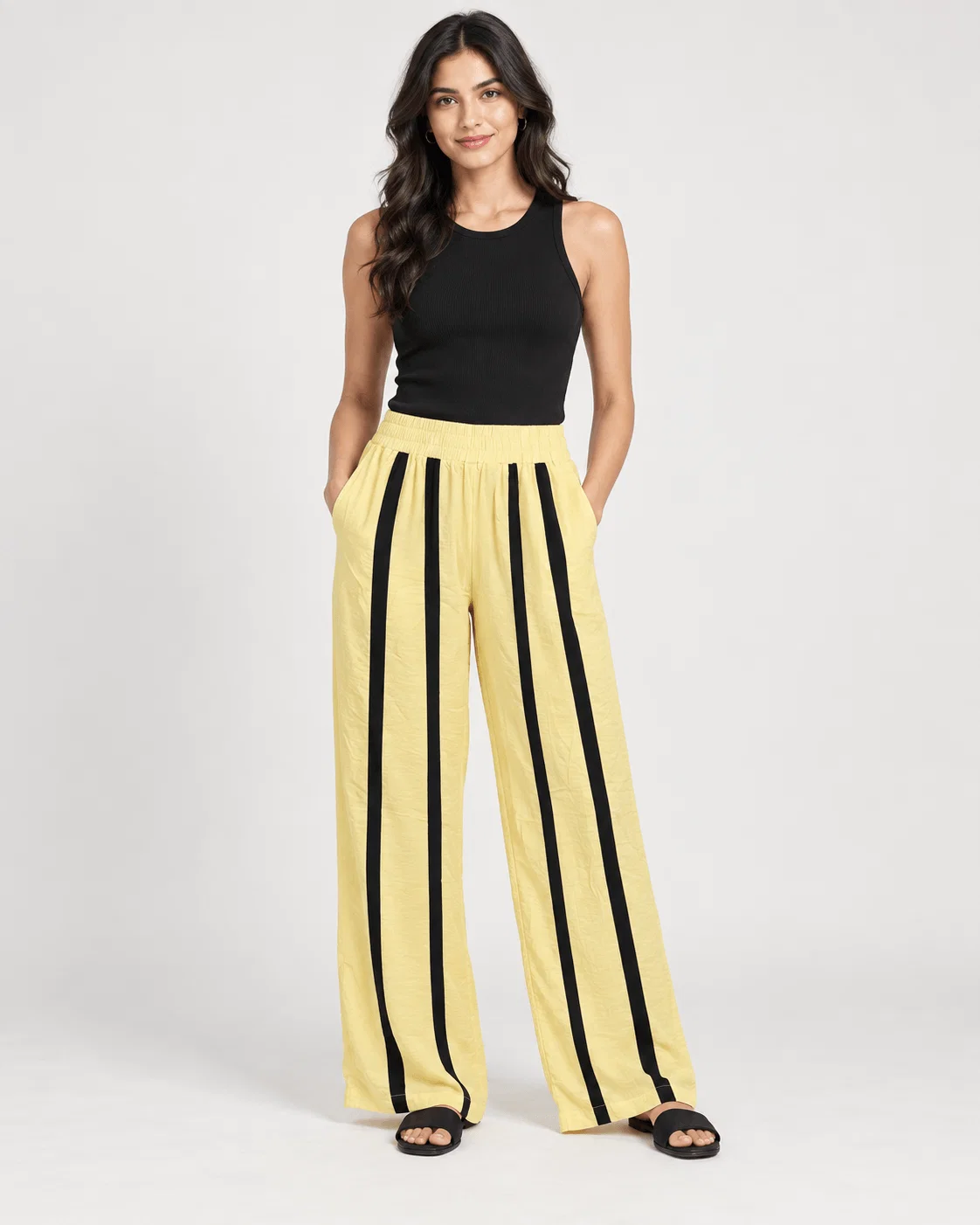 Calça Pantalona Recortes Bicolor - Amarelo — imagem 1