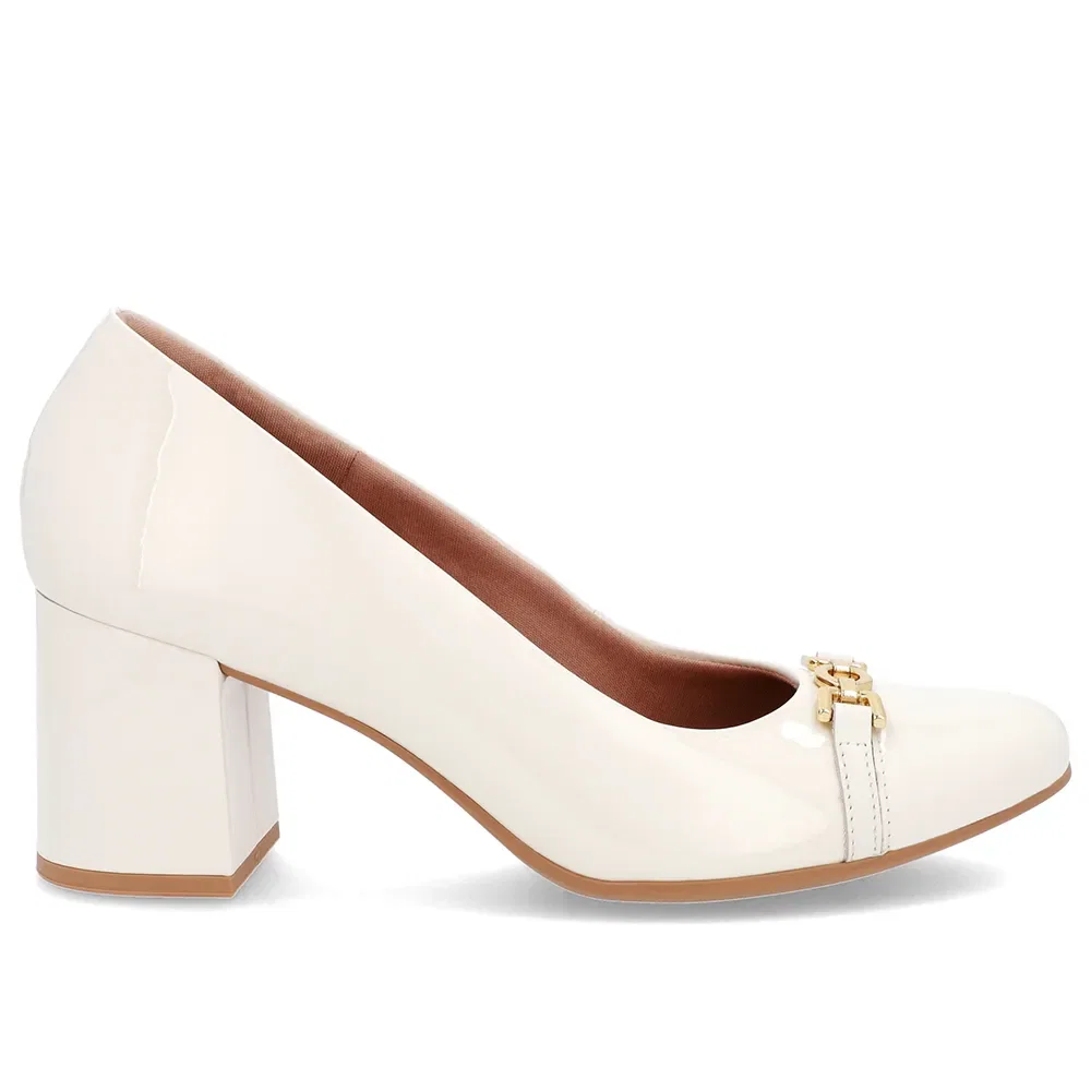 Scarpin Salto Bloco Couro Branco Marfim Detalhe Verniz — imagem 1