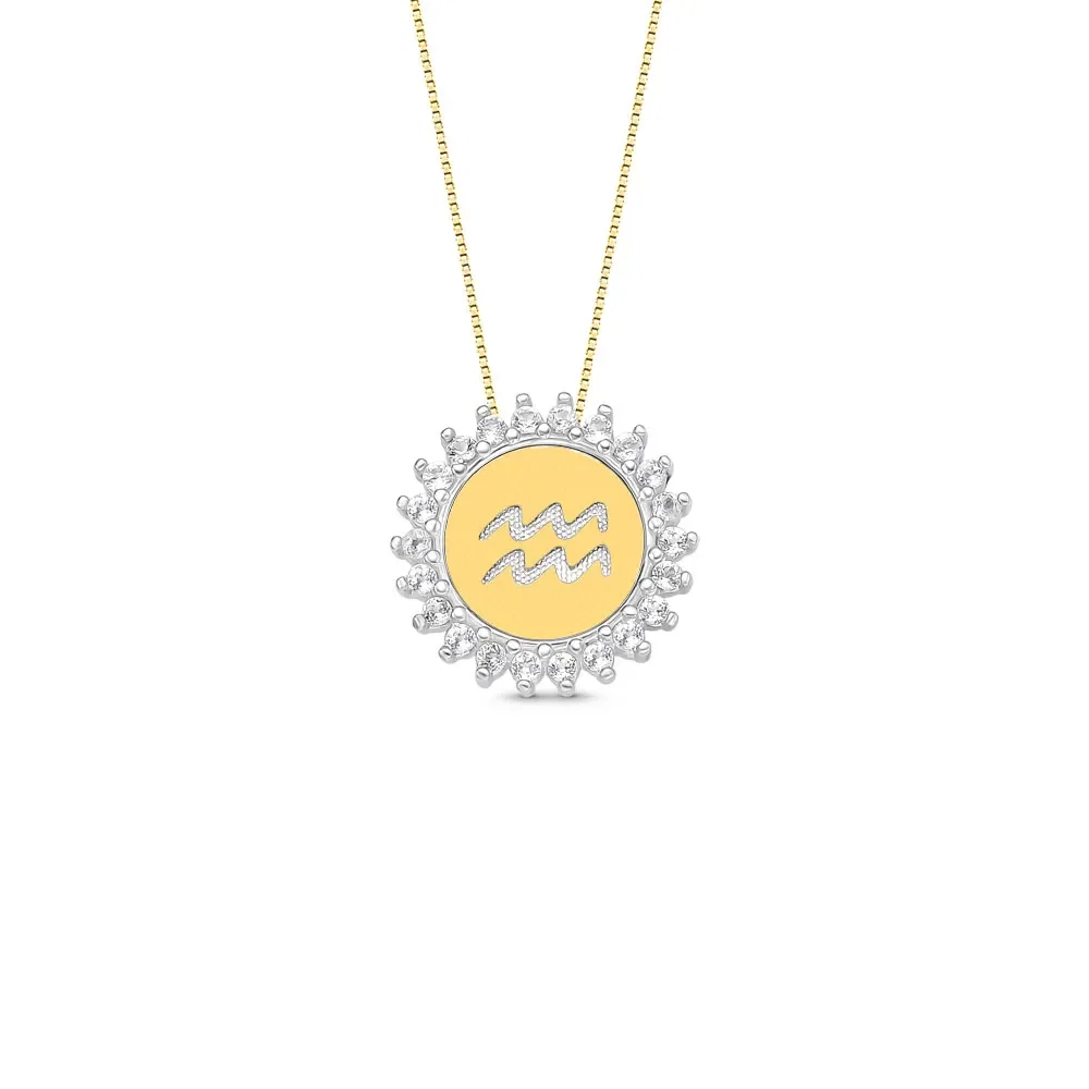 Pingente Medalha Signo Aquário em Prata 925 e Ouro Amarelo 18k com Topázios Incolores, 15.4mm — imagem 1