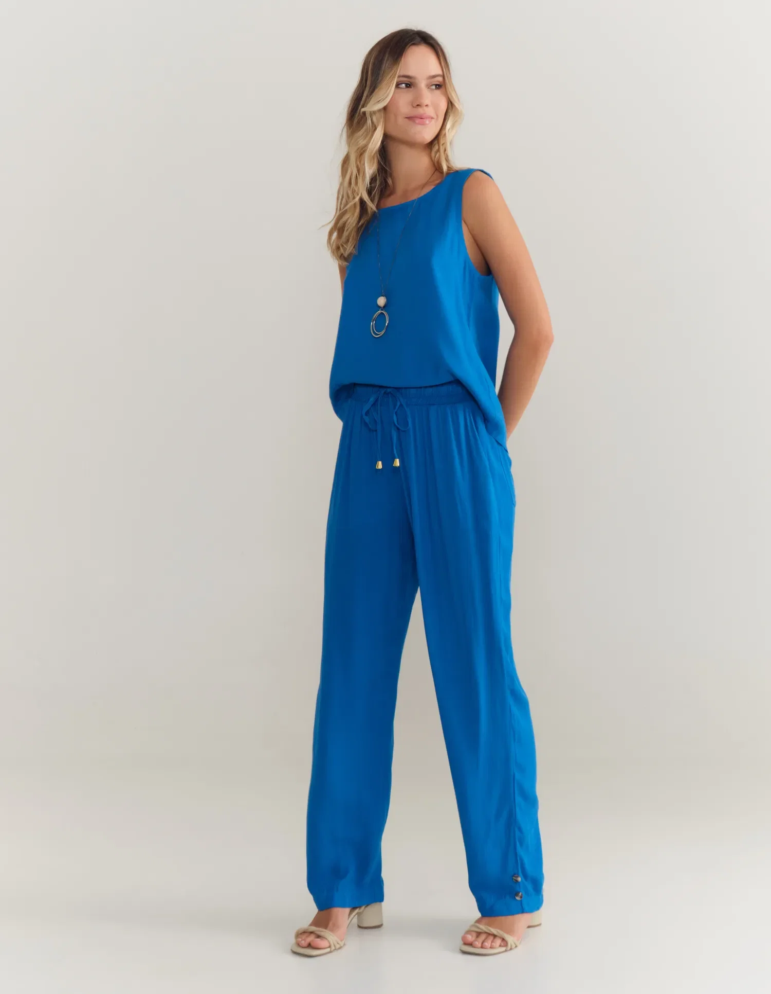 Calça Reta Cós Elástico - Azul