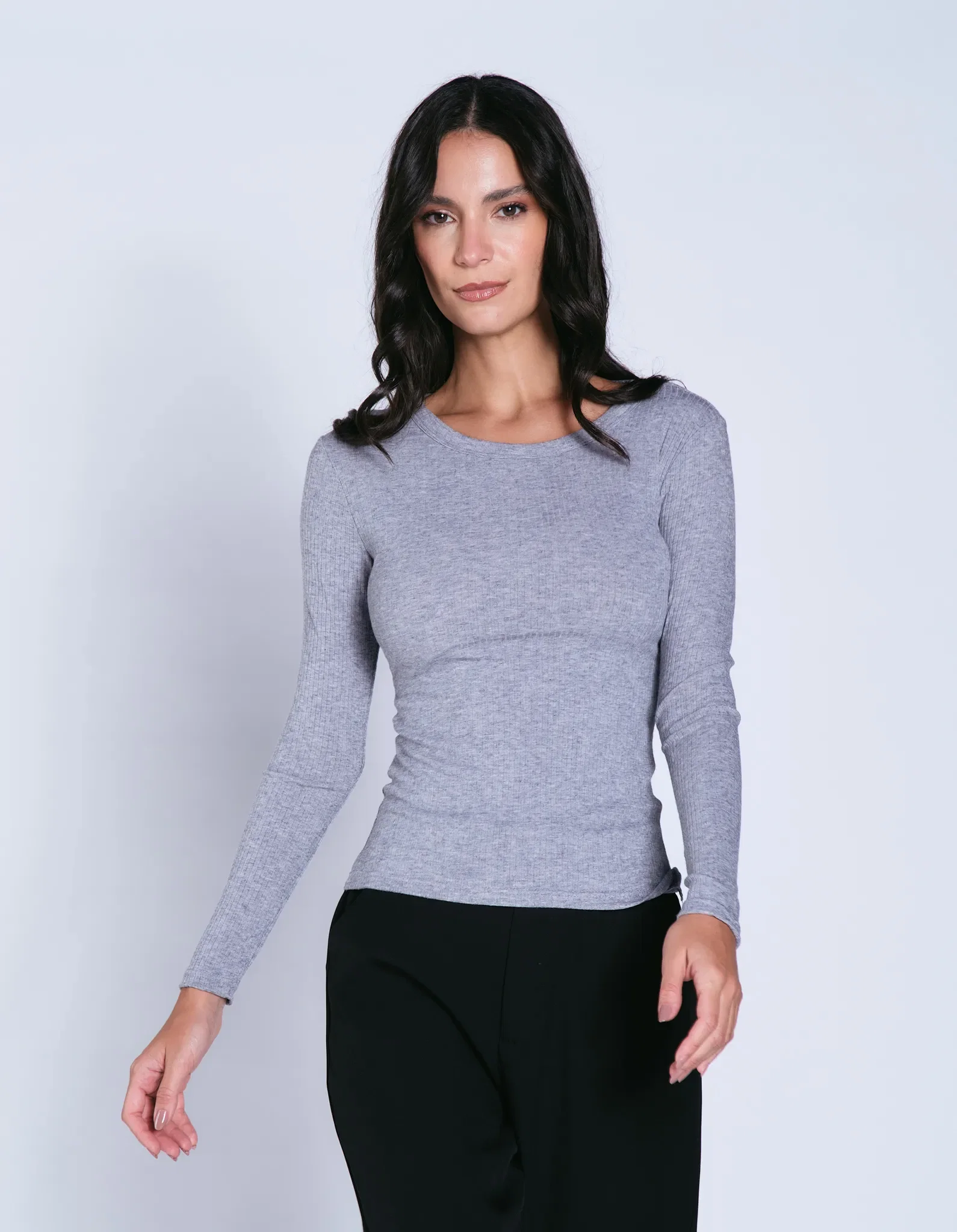 Blusa Manga Longa Decote Redondo - Cinza — imagem 1