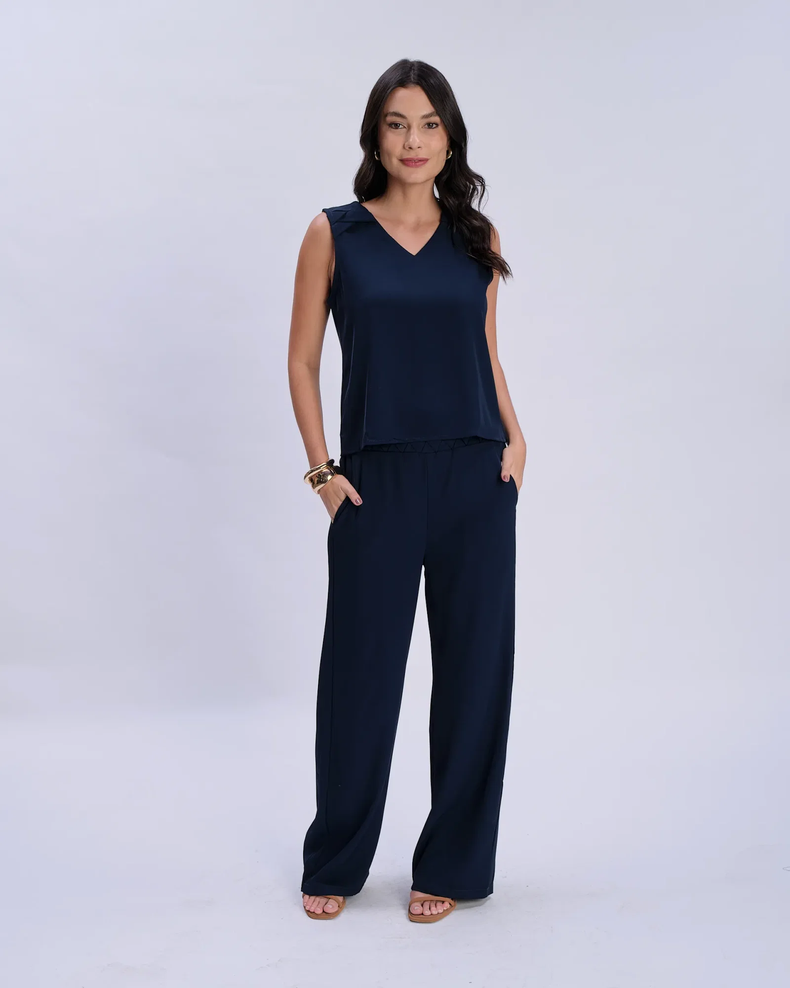 Calça Pantalona Detalhe Trançado - Marinho — imagem 1