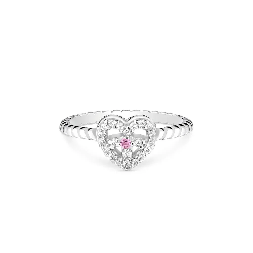 Anel Life Patuás Coração Paz e Amor em Prata 925 com Pedras Rosa e Incolores