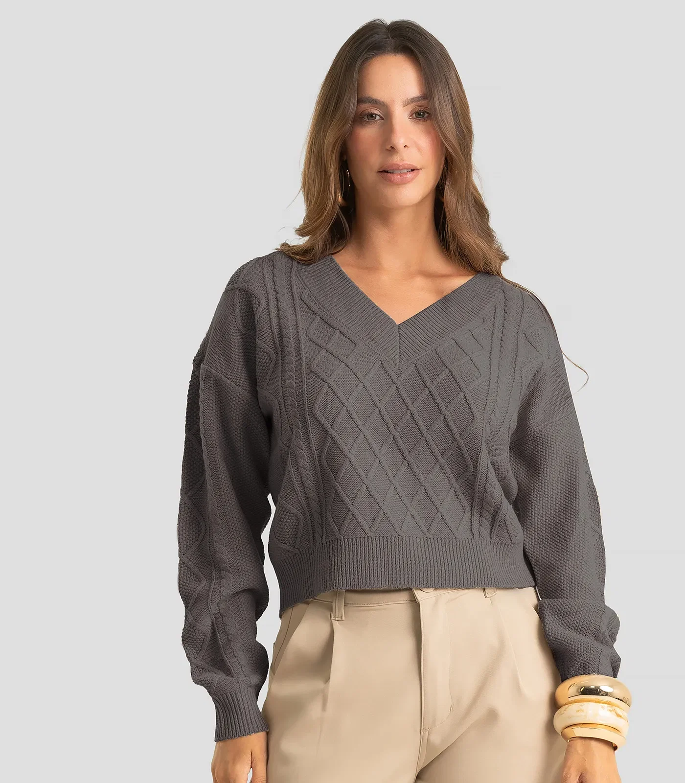 Sueter Feminino Decote Em V Infinita Cor Cinza