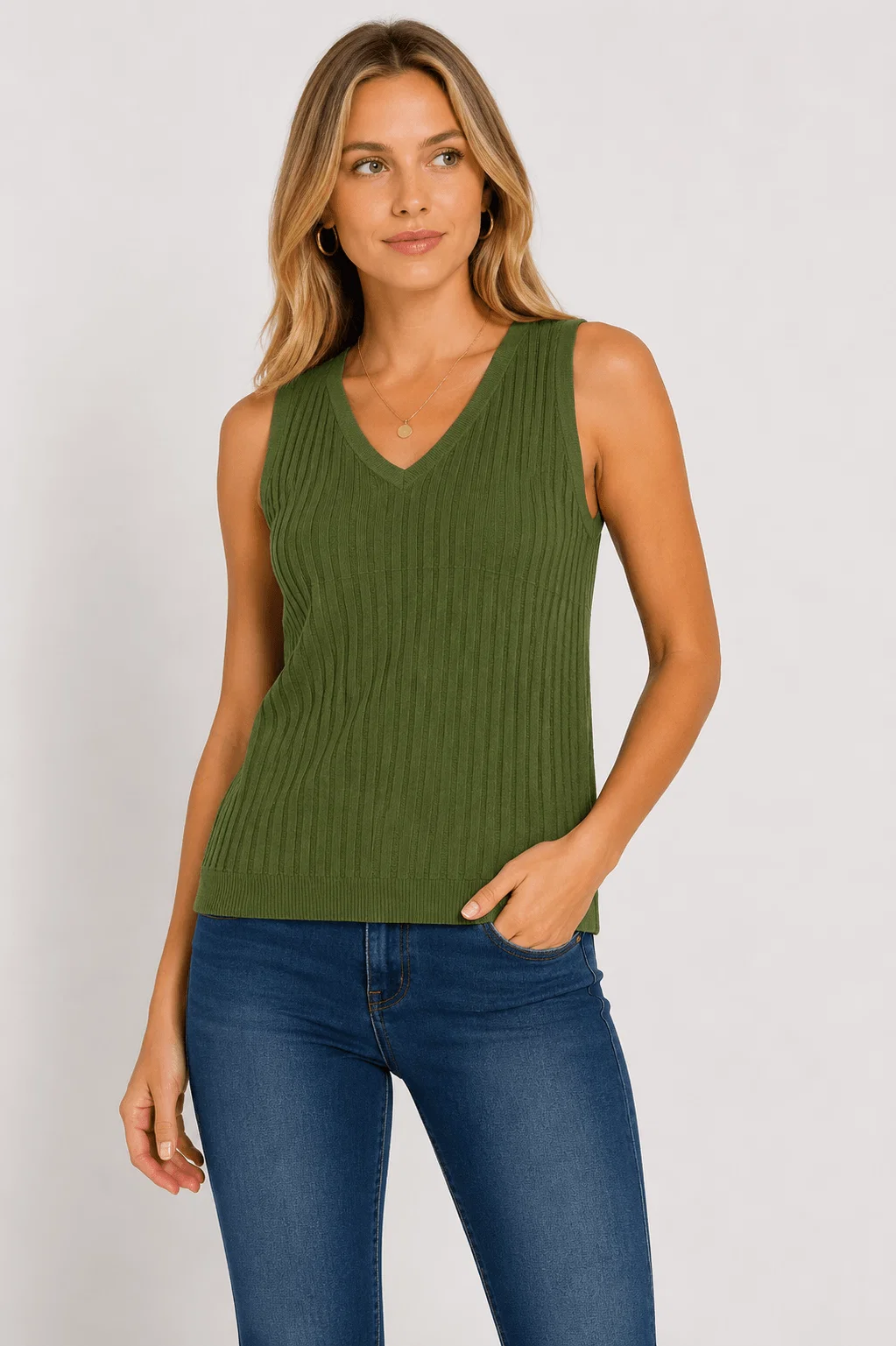Regata Tricot Canelada Decote v - Verde