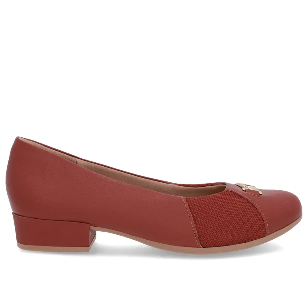 Scarpin Marrom Couro Bico Redondo Tecido Lateral — imagem 1