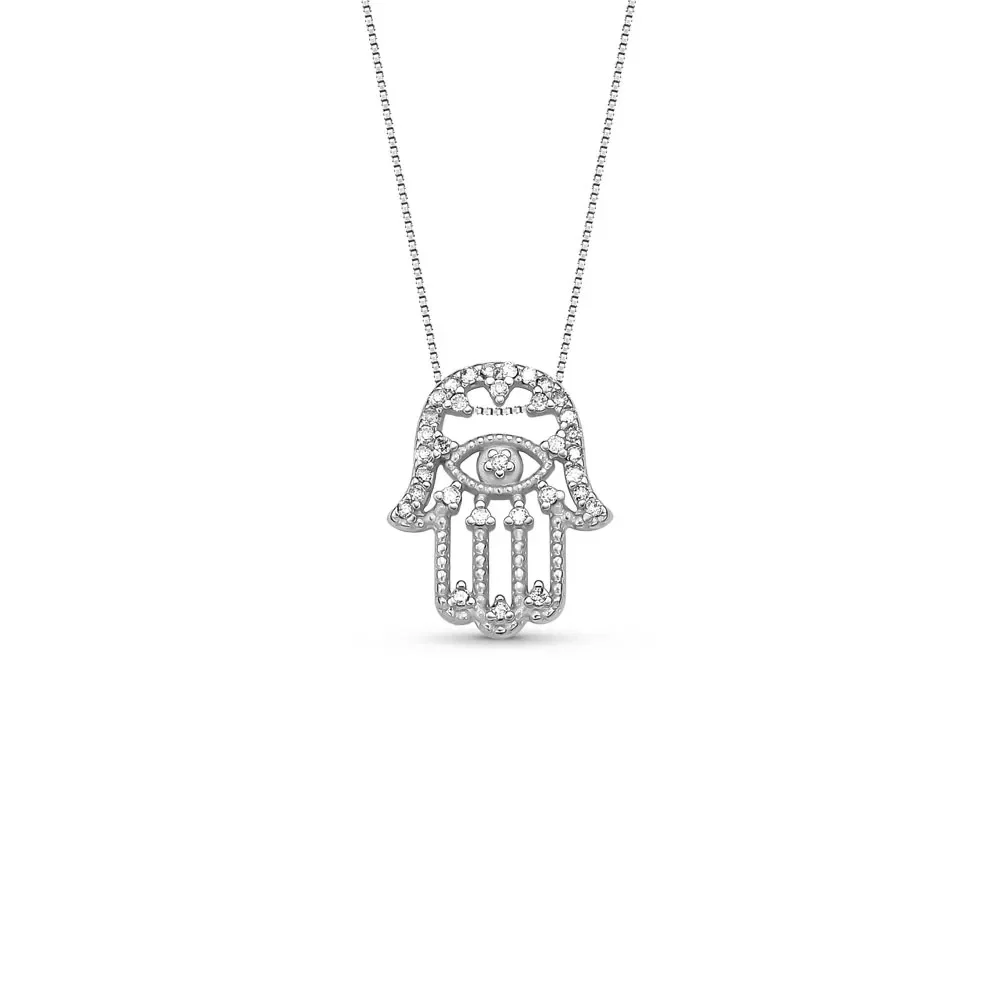 Pingente Medalha Hamsá em Ouro Branco 18k com Diamantes, 14mm — imagem 1