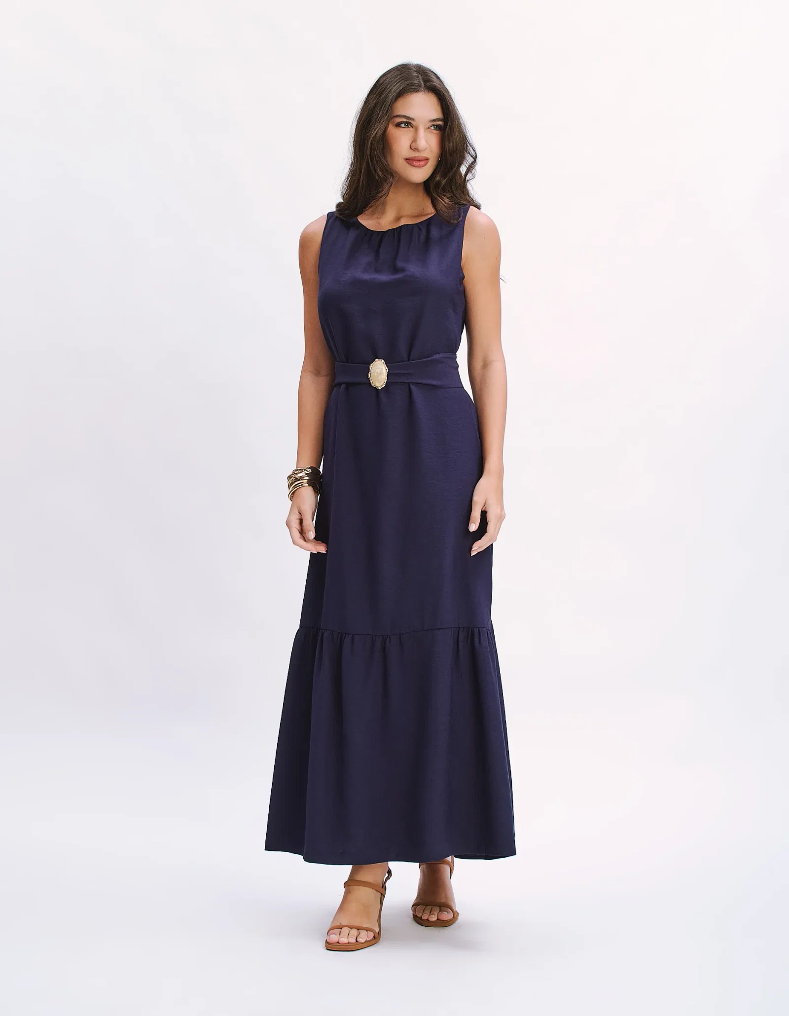 Vestido Sem Manga Detalhe Cinto Resina - Azul Marinho