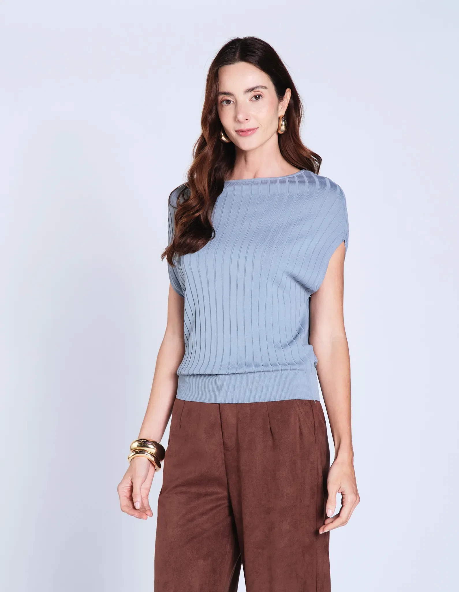 Blusa Sem Manga Tricot Barra Canelada - Cinza — imagem 1