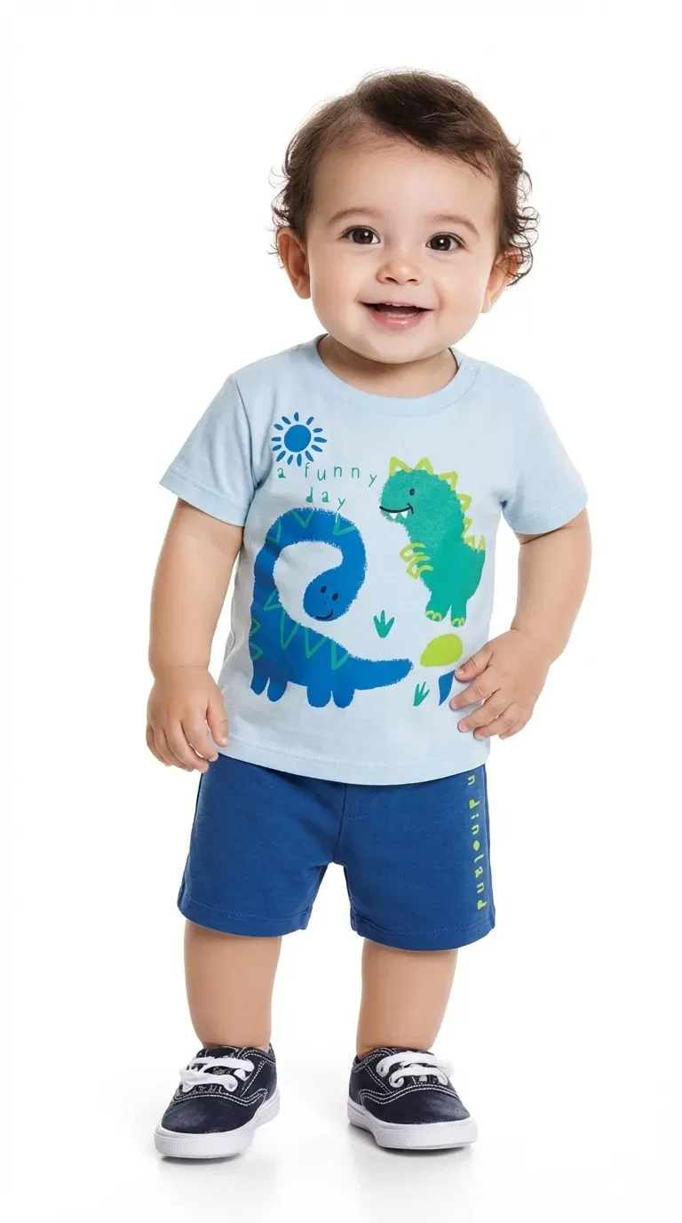 Conjunto camiseta dinos em meia malha e bermuda em moletinho
