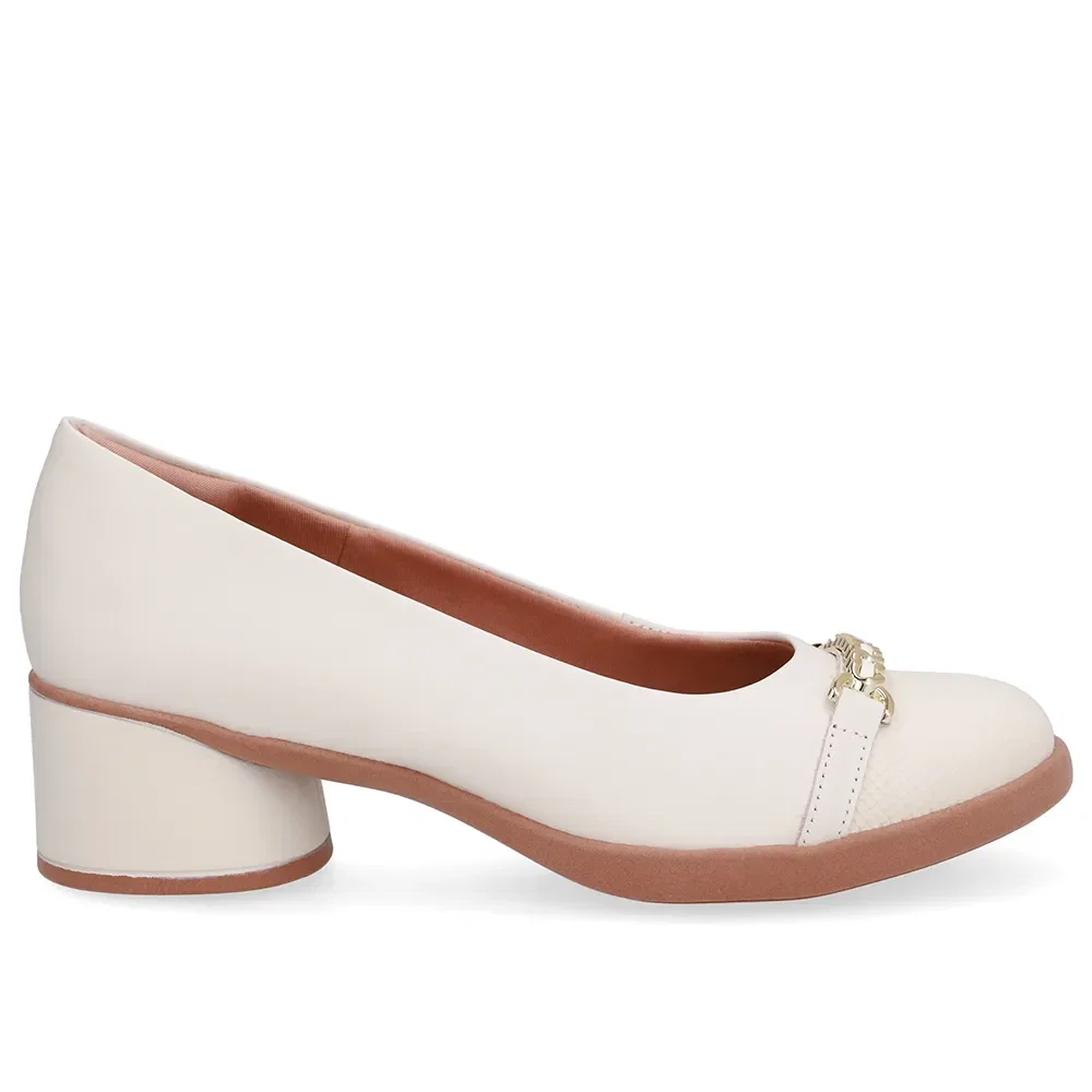 Scarpin Branco Marfim Couro Enfeite