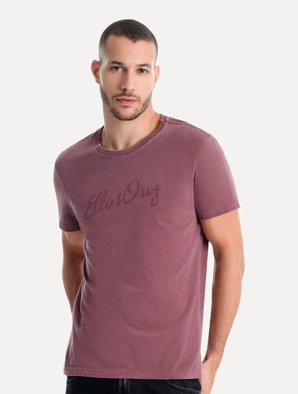 Camiseta Ellus Masculina Cotton Washed Origin. Script Bordô — imagem 1