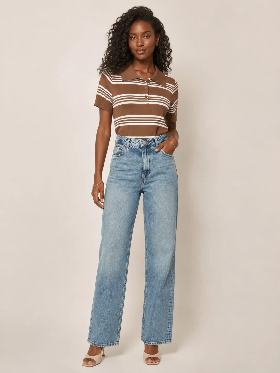 Blusa Tricot Gola Polo Listrada - Marrom — imagem 1