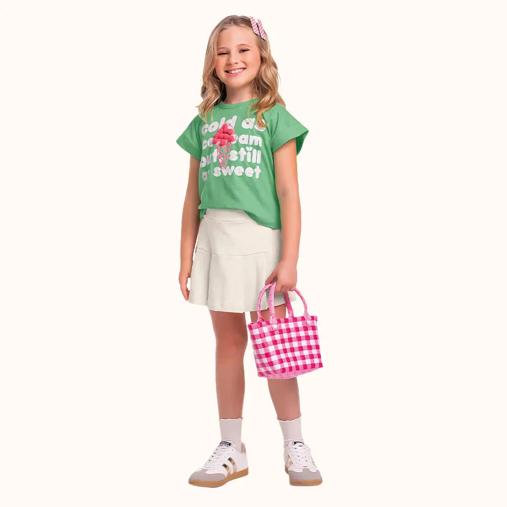 Conjunto blusa em meia malha e short saia em moletinho com pompom — imagem 1