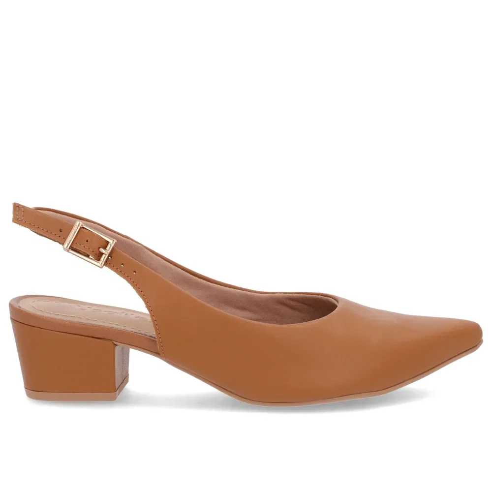 Slingback Marrom Salto Bloco Couro Bico Fino — imagem 1