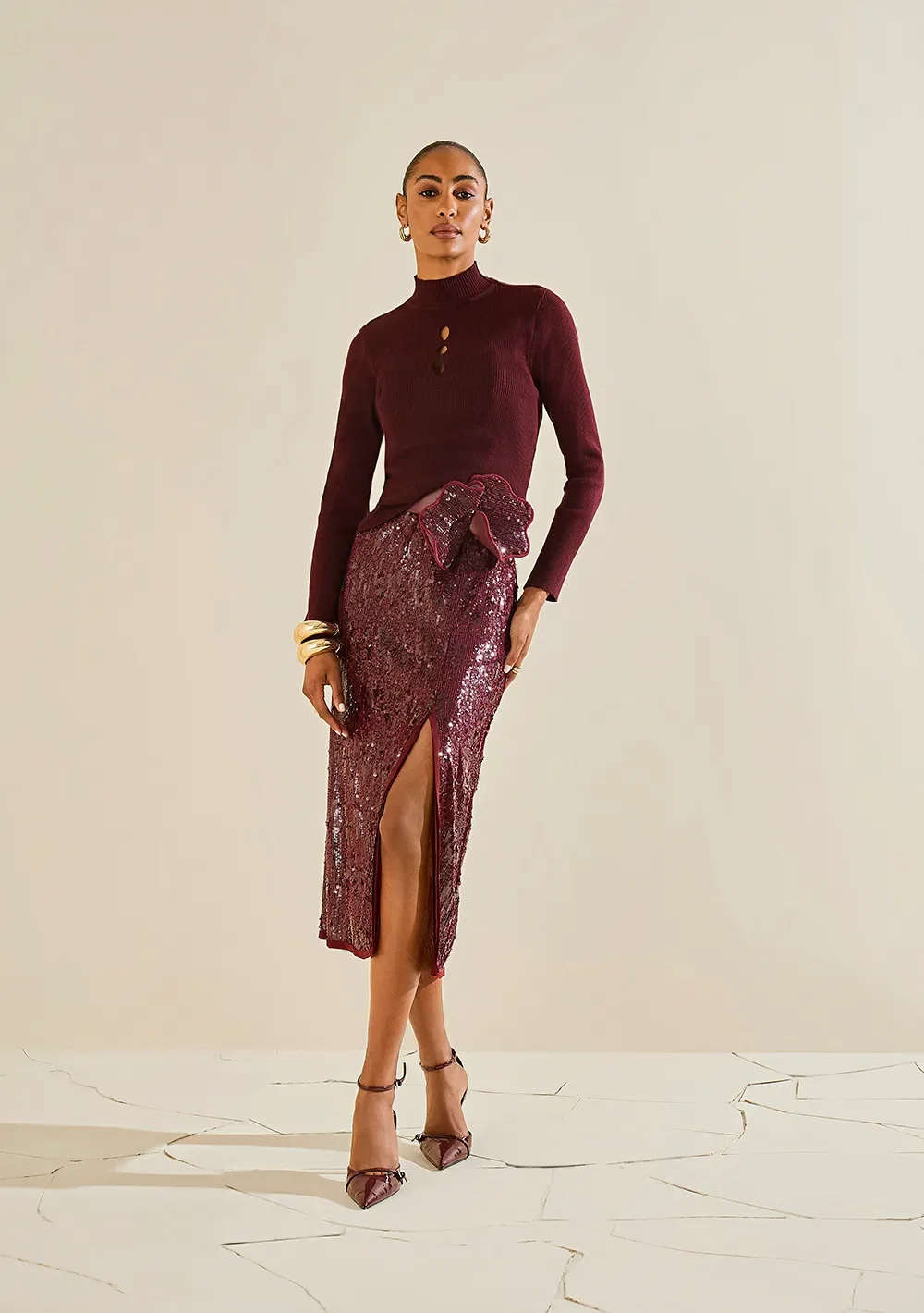 Blusa Morena Rosa Ajustada Gola Alta Manga Longa Padrão Bordo